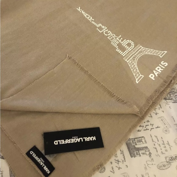 Karl Lagerfeld Paris Camel Rectangular Scarf Studded Logo & Eiffel Tower OS NWT - Picture 10 of 12